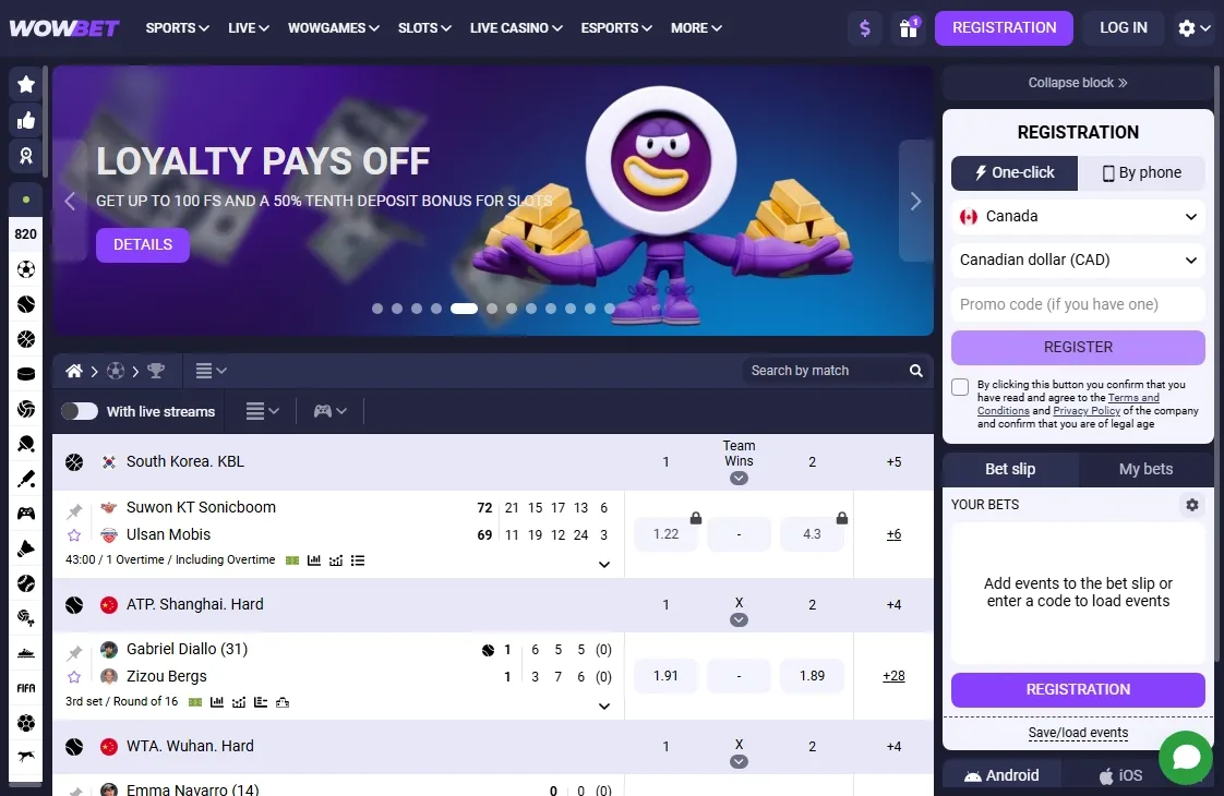 Tela de apostas esportivas da WOWBet com mercados abertos