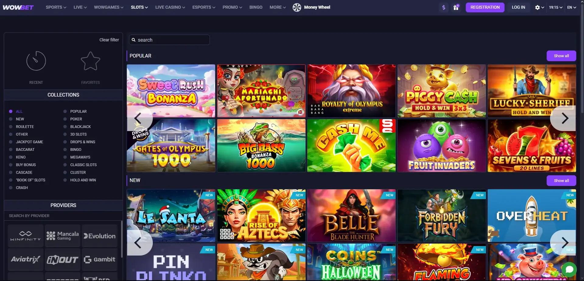 Catálogo de jogos do cassino WOWBet